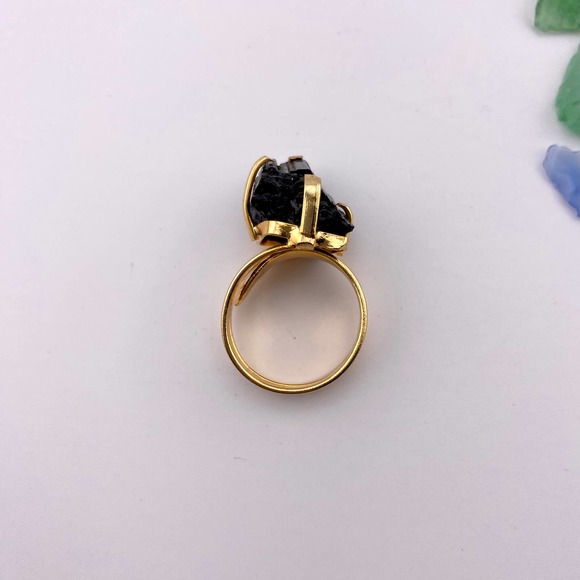 Natural Raw Black Tourmaline 18k Gold Plated Adjustable Ring - Picture 10 of 10